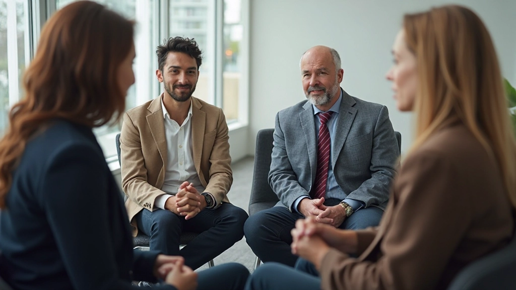 Groep diverse professionals die samen in een cirkel zitten voor een teammeeting