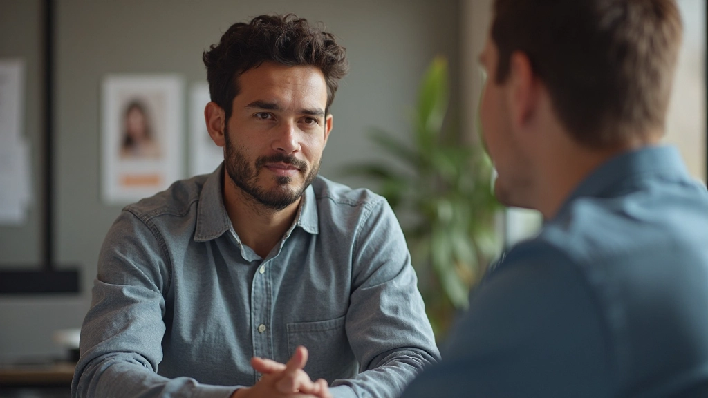 Persoon luistert aandachtig naar collega in een zakelijk gesprek met oprechte belangstelling